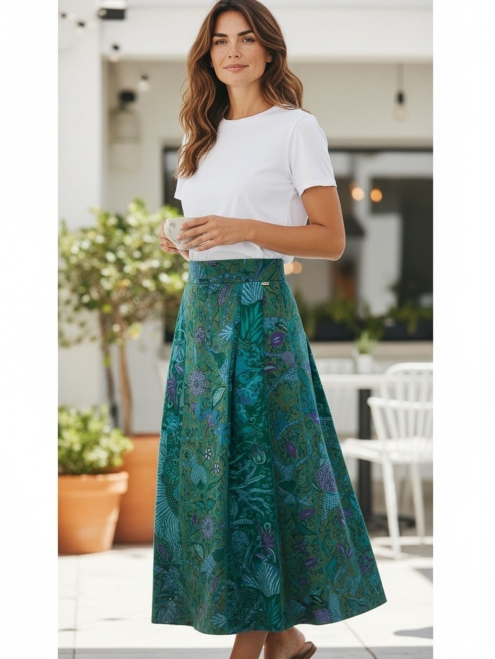 90s GIEGER WOOL TEAL & PURPLE FLORAL PLEATED LINED MIDI SKIRT VTG EU SZ 46 US XL